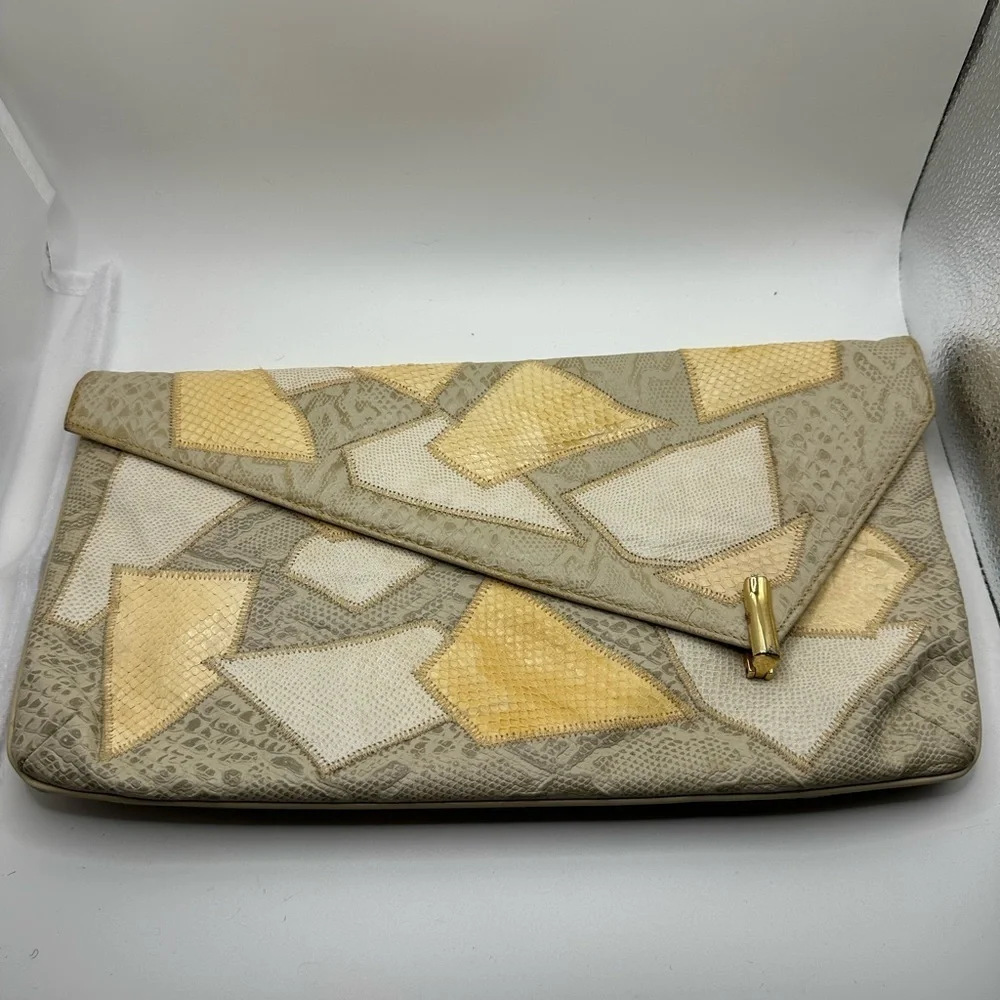 Vintage 1980s snakeskin patchwork clutch handbag